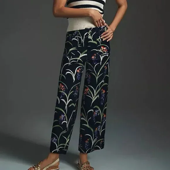 Anthropologie Maeve 27 NWT The Colette Cropped Wide-Leg Pants Dark Blue Floral
